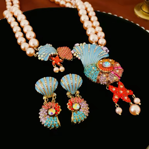 Ariel - Crystal Pearl Double-layer Necklace&Earrings Retro Design. High Quality - Picture 7 of 9